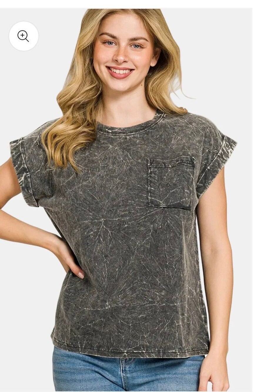 #B3- Zenana Ash Black Crinkle Mineral Washed Round Neck Tee
